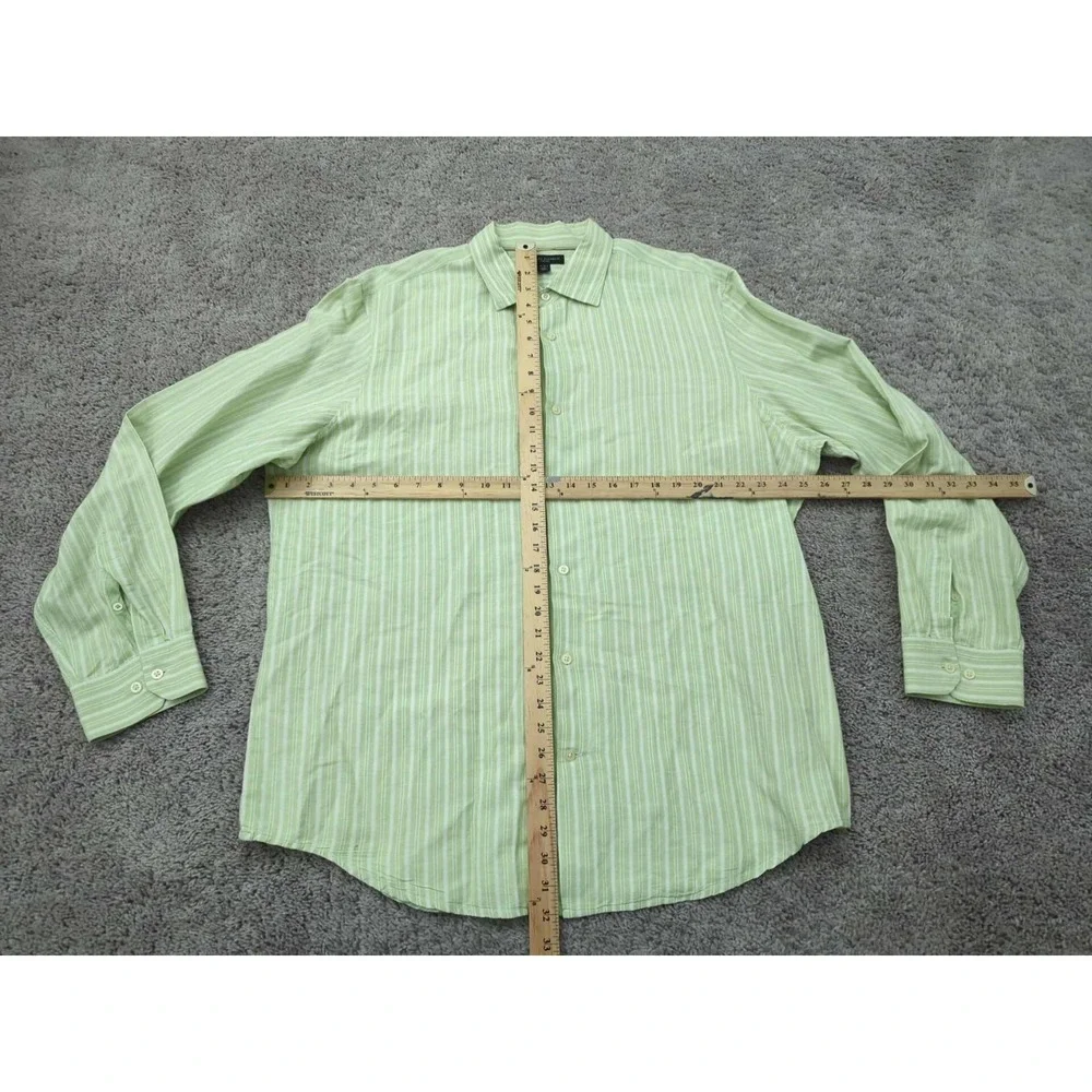 Banana Republic‎ Button Up Shirt Mens 18-18.5 Green Striped 58% Linen Classic